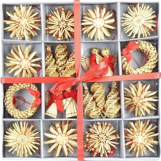 Conjunto de Estrelas de Palha de 56 Peças Enfeites de Árvore de Natal Pingentes de Palha para a Árvore de Natal Enfeites de Árvore de Natal