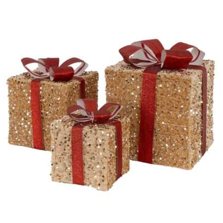 Conjunto de 3 Presentes de Natal Da Deco com Leds Castanho Claro/Vermelho com Laços e Temporizador