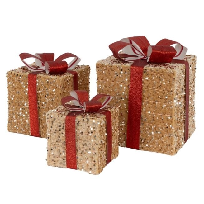 Conjunto de 3 Presentes de Natal Da Deco com Leds Castanho Claro/Vermelho com Laços e Temporizador