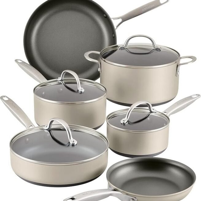 Anolon Achieve Conjunto de panelas e frigideiras antiaderentes anodizadas rígidas, 10 peças - prata