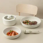 Jogo de Panelas 3 Peças Gás Indução Revestida Antiaderente Frigideira Caçarola Cabo Removível