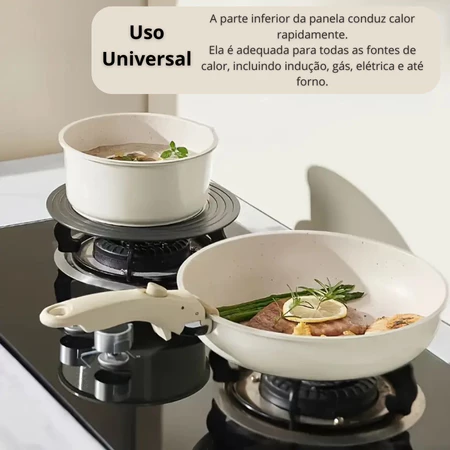Jogo de Panelas 3 Peças Gás Indução Revestida Antiaderente Frigideira Caçarola Cabo Removível